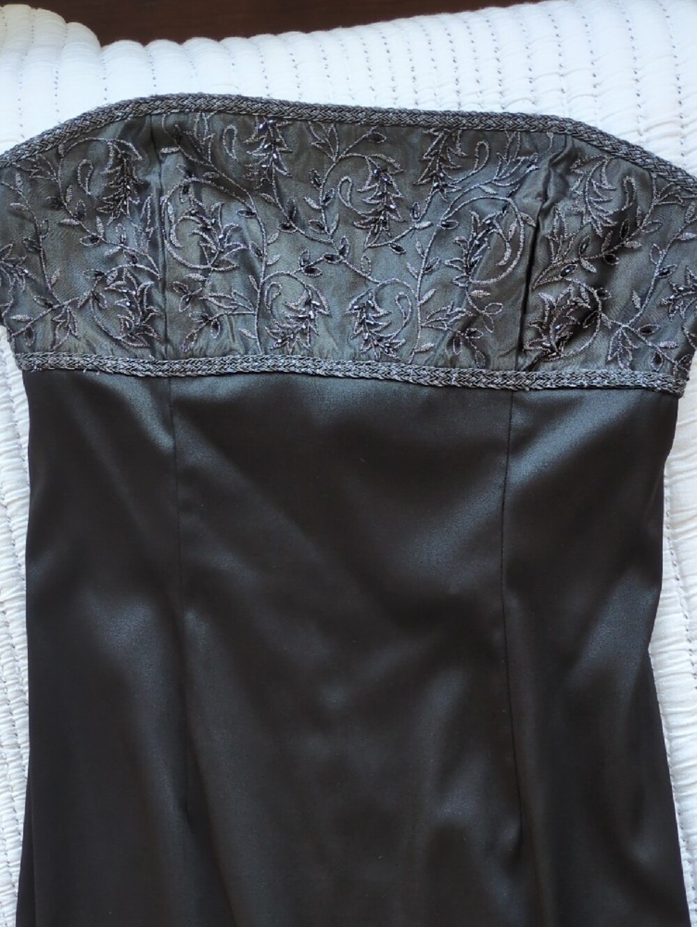 Jessica McClintock Strapless Black Satin Evening Gown with Embroidered Bodice
